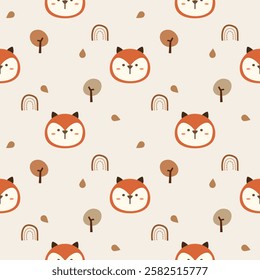 Face Fox cartoon so cute. On tree leaf rainbow background. Pattern seamless vector illustration. 