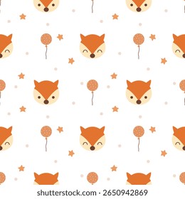 O desenho da Fox de rosto é tão fofo. No fundo branco da estrela de balão. Ilustração de vetor uniforme de padrão. 