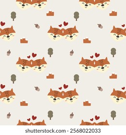 Face Fox couple cartoon so cute. On tree acorn mountain background.  Pattern seamless vector illustration. 