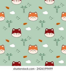 Face fox orange and red cartoon so cute. On tree leaf cloud green background. Pattern seamless vector illustration. 