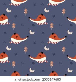 Rosto Fox e desenho do cachecol tão fofo. No fundo da estrela da lua de árvore. Ilustração de vetor uniforme de padrão. 