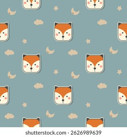 Face Fox square cartoon so cute. On star moon cloud background. Pattern seamless vector illustration. 