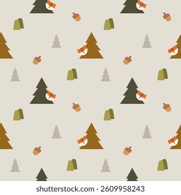 Face Fox and tree cartoon so cute. On mountain acorn background. Pattern seamless vector illustration. 