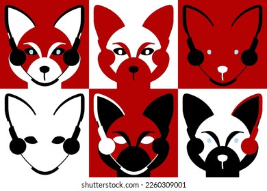 Face of a Fox wearing a Headset in six Variants | Pop Art reminiscent of Andy Warhol artworks | Red White Black and Blue Colors Cartoon Illustration