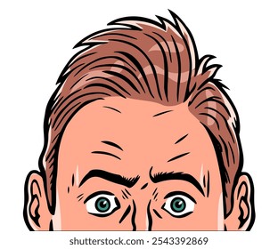 The face of a frightened man. A person hides from fear and the unknown. Emotions and feelings. Observation and peeping. Cartoon vector illustration. Hand drawn style. Humorous art