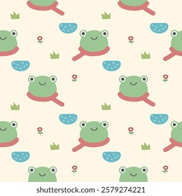 Face frog cartoon so cute. On grass flower swamp background. Pattern seamless vector illustration. 