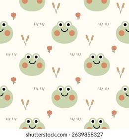 Face frog cartoon so cute. On flower grass background. Pattern seamless vector illustration. 