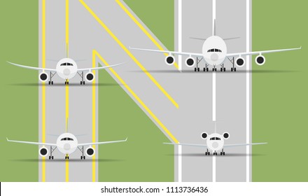 Face front view of 4 airplanes (plane) in 4 types isolated on the runway and taxi way in illustration style