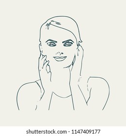 Face front view. Elegant outline silhouette of a female head. Portrait of a happy woman raising her hand to face