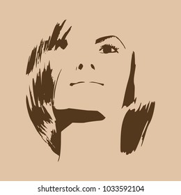 Face front view. Elegant silhouette of a female head. Short hair. Monochrome gamma.