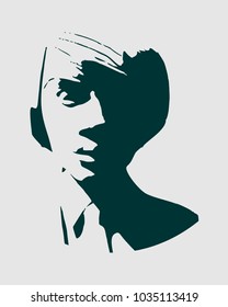 Face front view. Elegant silhouette of a female head. Short hair. Monochrome gamma.