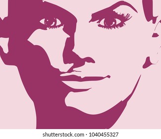 Face front view. Elegant silhouette of a female head. Monochrome gamma.