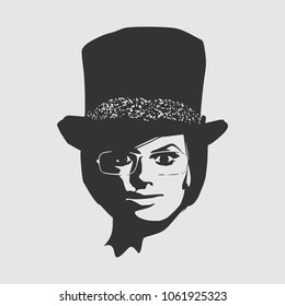 Face front view. Elegant silhouette of a woman wearing top hat and spectacles