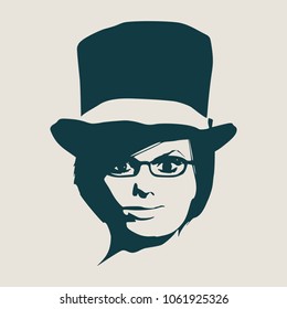 Face front view. Elegant silhouette of a woman wearing top hat and spectacles
