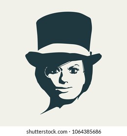 Face front view. Elegant silhouette of a woman wearing top hat and spectacles