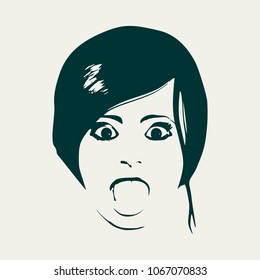 Face front view. Elegant silhouette of a female head. Surprised beautiful woman with open mouth.