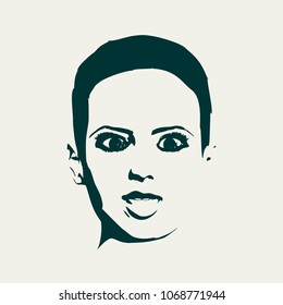 Face front view. Elegant silhouette of a female head. Surprised beautiful woman with open mouth.