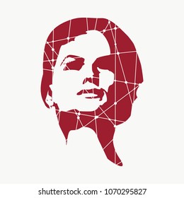 Face front view. Elegant silhouette of a female head. Long hair. Silhouette textured by lines and dots pattern