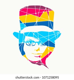 Face front view. Elegant silhouette of a woman wearing top hat and spectacles. Silhouette textured by lines and dots pattern