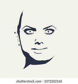 Face front view. Elegant silhouette of a female head. Portrait of a happy smiled woman