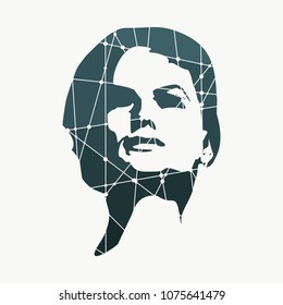 Face front view. Elegant silhouette of a female head. Long hair. Silhouette textured by lines and dots pattern
