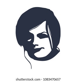 Face front view. Elegant silhouette of a female head. Portrait of a happy smiled woman