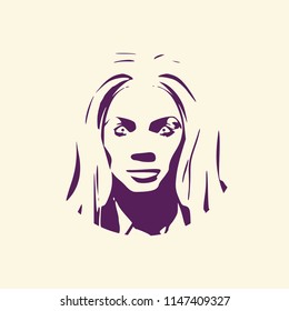 Face front view. Elegant silhouette of a female head. Long hair. Monochrome gamma.