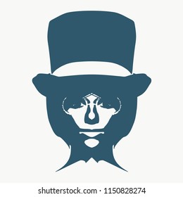 Face front view. Elegant silhouette of a woman wearing top hat and spectacles