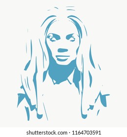 Face front view. Elegant silhouette of a female head. Long hair. Monochrome gamma.