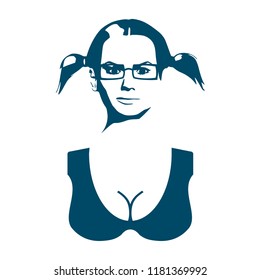 Face front view. Elegant silhouette of a lady wearing spectacles. Pigtails hair style.