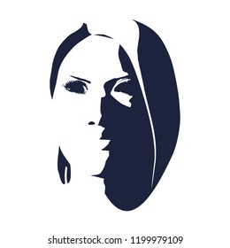 Face front view. Elegant silhouette of a female head. Portrait of a happy smiled woman