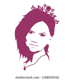 Face front view. Elegant silhouette of a female head. Portrait of a happy smiled woman wearing crown