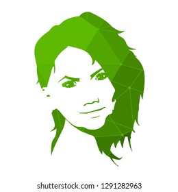 Face front view. Elegant silhouette of a female head. Portrait of a happy smiled woman. Connected lines with dots.