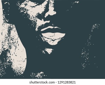 Face front view. Elegant silhouette of a female head. Surprised beautiful woman with open mouth. Grunge distress texture.
