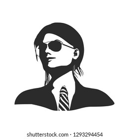 Face front view. Elegant silhouette of a female head. Vector Illustration. Short hair. Monochrome gamma. Business woman