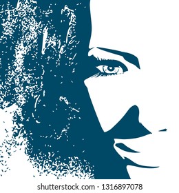 Face front view. Elegant silhouette of a female head. Portrait of a happy smiled woman. Grunge texture