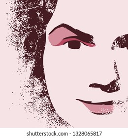 Face front view. Elegant silhouette of a female head. Grunge texture