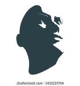 Face front view. Elegant silhouette of a female head. Portrait of a happy smiled woman