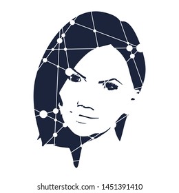 Face front view. Elegant silhouette of a female head. Portrait of a happy smiled woman. Molecule and communication background. Connected lines with dots.