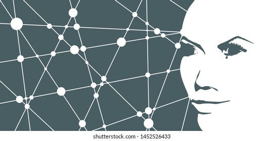 Face front view. Elegant silhouette of a female head. Portrait of a happy smiled woman. Molecule and communication background. Connected lines with dots.