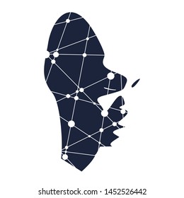 Face front view. Elegant silhouette of a female head. Portrait of a woman. Molecule and communication background. Connected lines with dots.