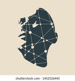 Face front view. Elegant silhouette of a female head. Portrait of a happy smiled woman. Molecule and communication background. Connected lines with dots.
