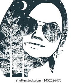 Face front view. Elegant silhouette of a head textured by tree branches. Double exposure. Moon and stars