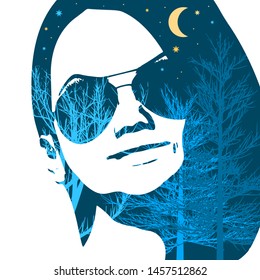 Face front view. Elegant silhouette of a head textured by tree branches. Double exposure. Moon and stars