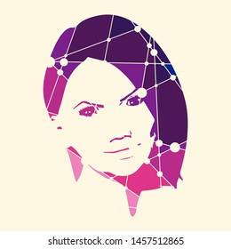Face front view. Elegant silhouette of a female head. Portrait of a happy smiled woman. Molecule and communication background. Connected lines with dots.