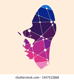 Face front view. Elegant silhouette of a female head. Portrait of a woman. Molecule and communication background. Connected lines with dots.