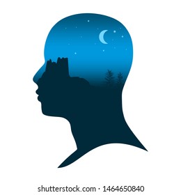 Face front view. Elegant silhouette of a head textured by mountains and sky view. Double exposure. Moon and stars