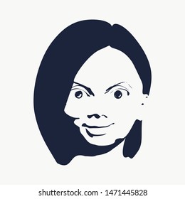 Face front view. Elegant silhouette of a female head. Portrait of a happy smiled woman with wide opened eyes.
