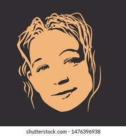 Face front view. Elegant silhouette of a female head in contrast backlight. Portrait of a happy smiled woman