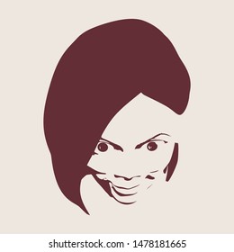 Face front view. Elegant silhouette of a female head. Portrait of a happy smiled woman with wide opened eyes.